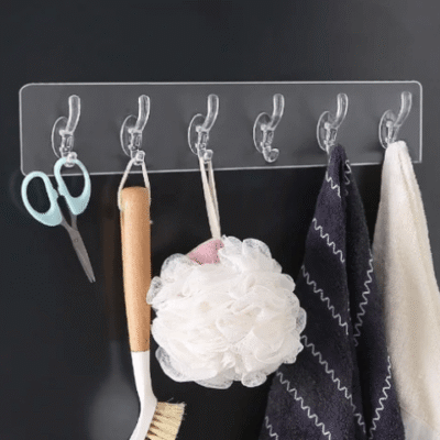 Transparent Self Adhesive 6 Wall Hooks Strip for Kitchen & Bathroom